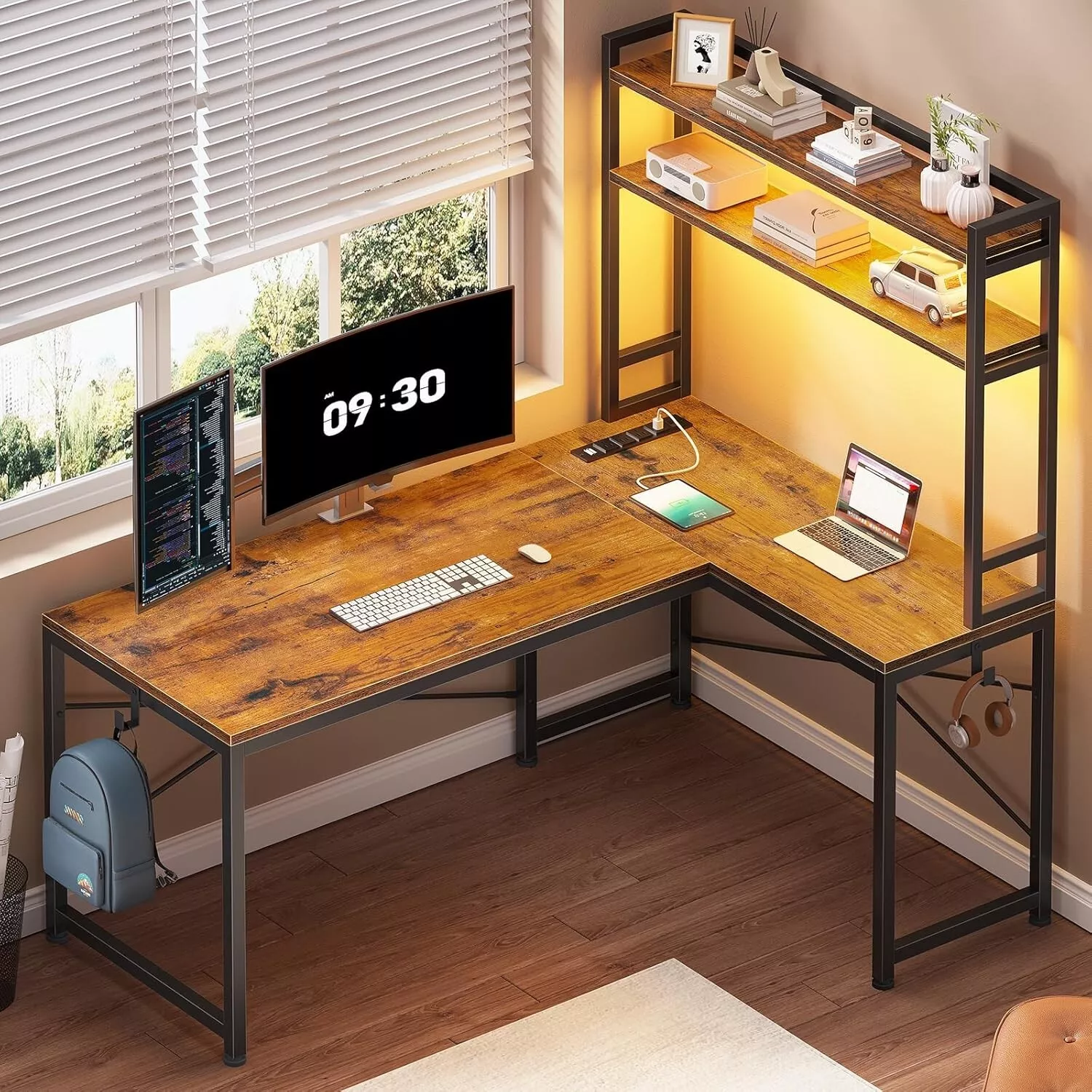 L Shaped Desk with Hutch, LED Light &Storage Shelv